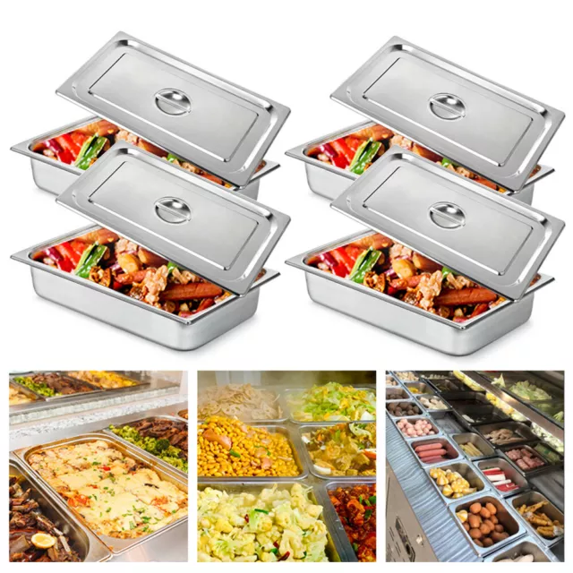 4 Pack 4" Deep Full Size Stainless Steel Steam Table Pans+Lids Hotel Food Prep