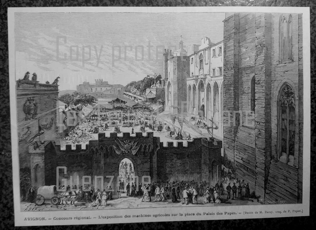 AVIGNON CONCOURS EXPOSITION  MACHINES AGRICOLES gravure 1875 antique print