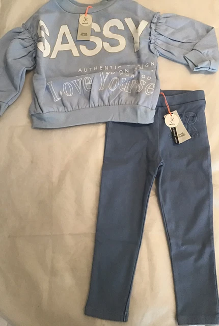 Set leggings in denim mini ragazze età 3-4 anni felpa sfacciata River Island nuovi con etichette