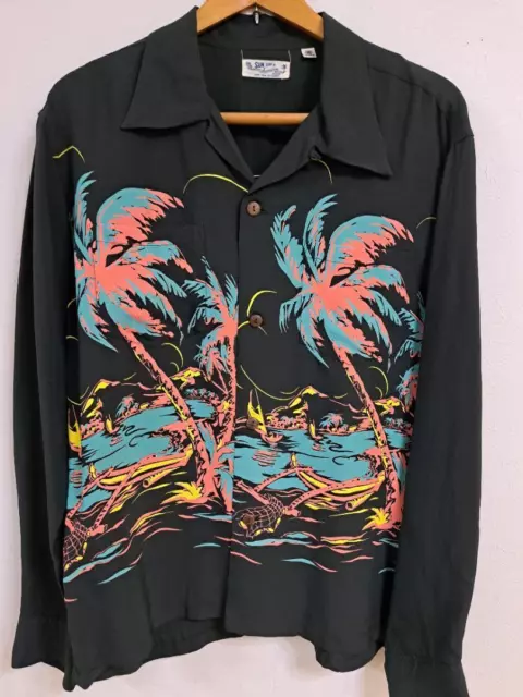 SUN SURF Hawaiian Aloha Long Sleeve Shirt Black Multi Rayon SS38574 Size-M New