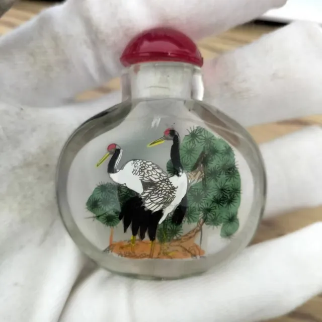 55MM Chinese Inside Painting Glass Animal Crane Pine Tree Snuff Bottle