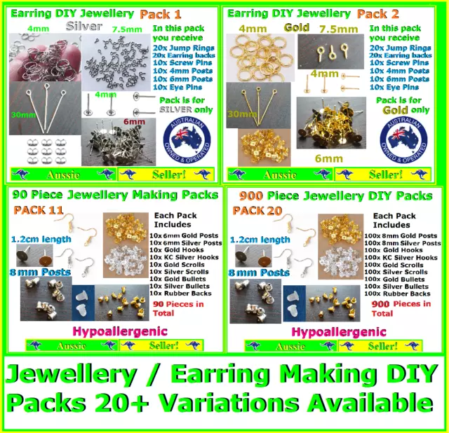 Jewellery Making DIY Pack Kit Eye Pins Jump Rings Earring Hooks Posts Backs