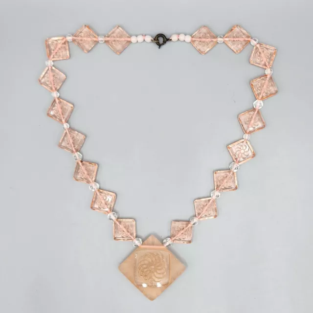 Estate Art Deco Blush Pink Spiral Etched Square Glass Bead Riviere Necklace 16"