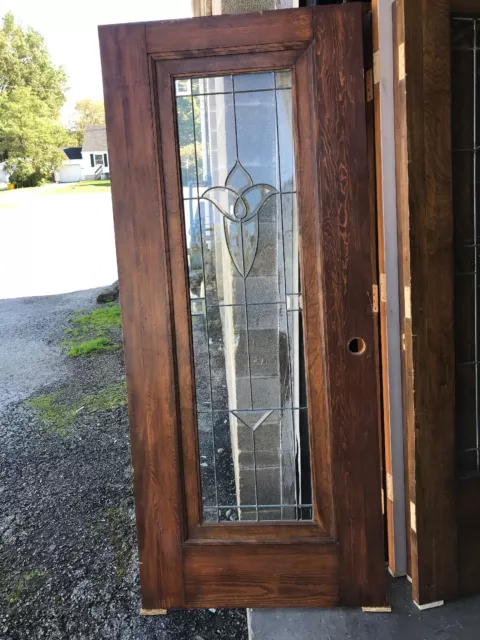 MARTOL339 Antique Refinished Pine Tulip Beveled Glass Door 33.75 X 79.5 X 1 3/8