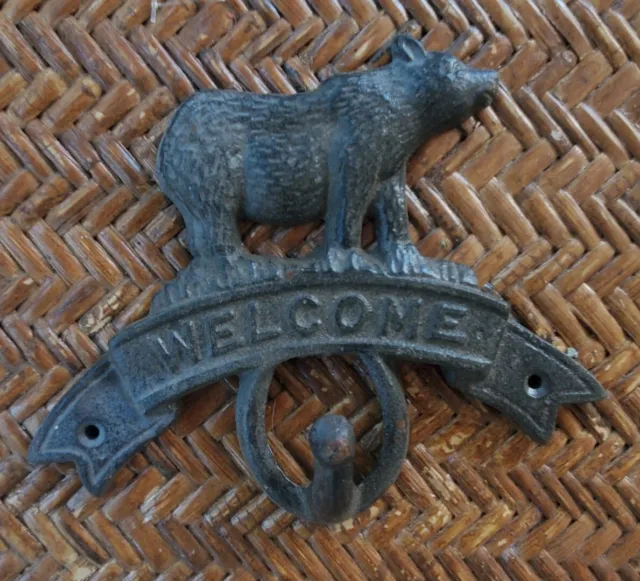 Vintage CAST Metal Bear Welcome Wall COAT Hook Cast Iron Cabin Country Rustic