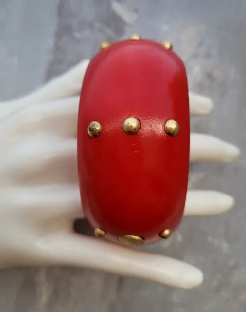 Designer Marc Jacobs Chunky Wide Red & Gold Domed Bangle Statement Bracelet Wood