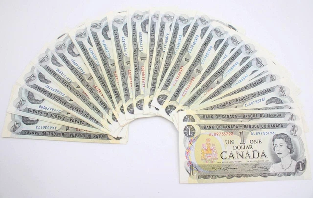 100x 1973 Canada $1 banknotes many consecutive runs  UNC to Choice UNC