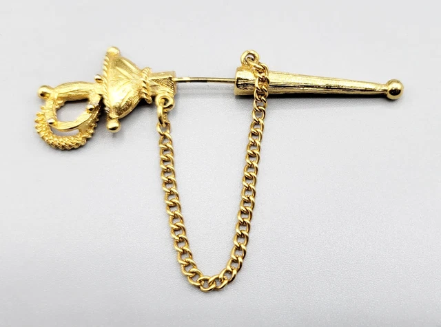 Vintage Tie Tack Bar Clip Long Bar Sword & Sheath Gold Tone Chain Lapel Pin