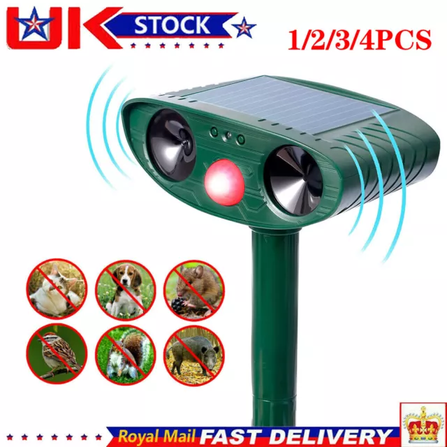 1-4 Ultrasonic Solar Cat Dog Repellent Fox Pest Scarer Deterrent Repeller Garden