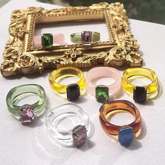Fashion Acrylic Colorful Rectangle Rhinestone Rings Women Finger Vintage Jewelry