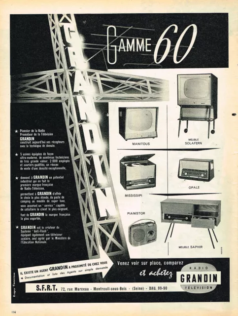 PUBLICITE ADVERTISING 045  1959  GRANDIN  téléviseur radio transistor gamme 60