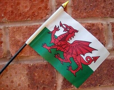 WALES HAND WAVING FLAG small 6" x 4" with 10" pole WELSH DRAGON CARDIFF SWANSEA