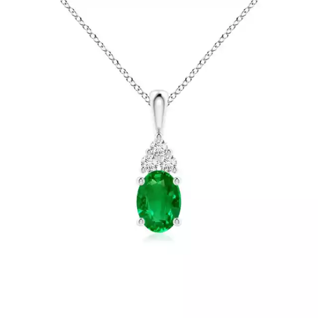 ANGARA 7x5mm Natural Emerald Solitaire Pendant with Diamond in Silver for Women