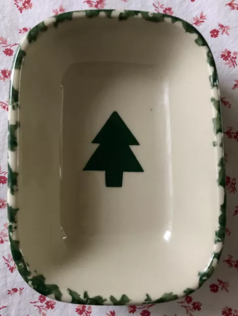 Vintage HENN Pottery Green Spongeware Trimmed Christmas Tree Treat Dish