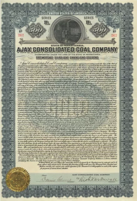 Ajax Consolidated Coal Co. - 1913 dated $500 Pennsylvania Mining Bond (Uncancele