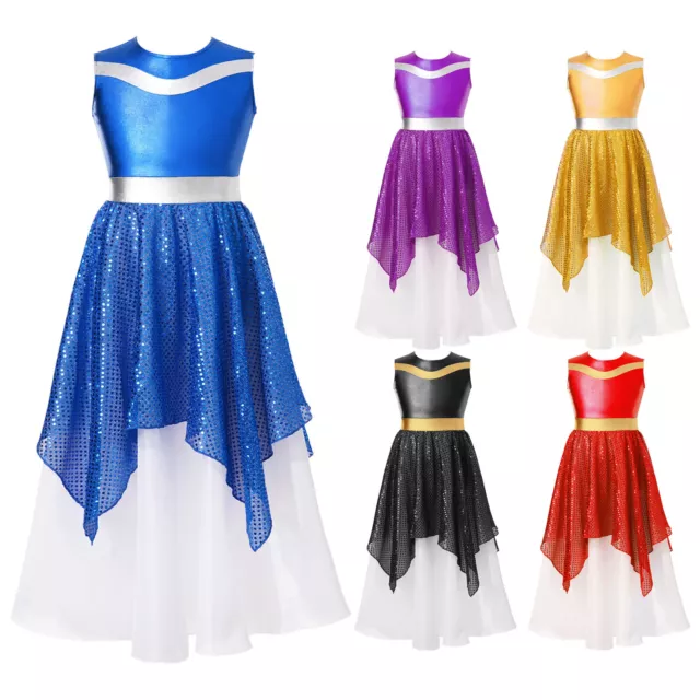 Kids Girls Dancewear Swing Dress Sequin Maxi Long Teen Wedding Children Flower 2