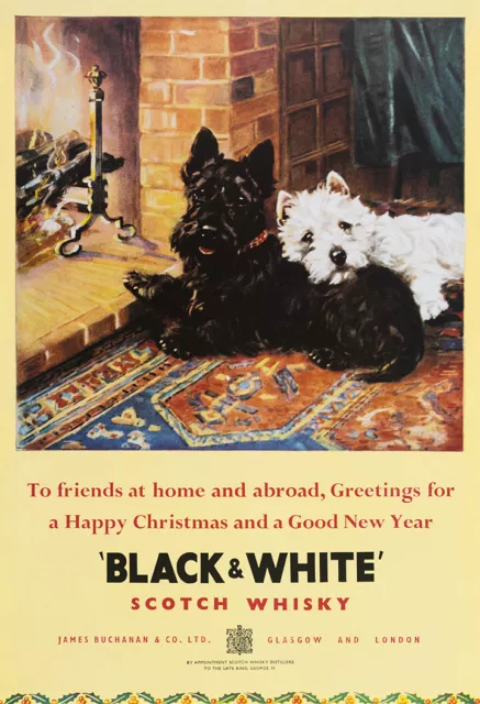Black & White Scotch Whisky "Happy Christmas" Vintage Drink Advertising Poster
