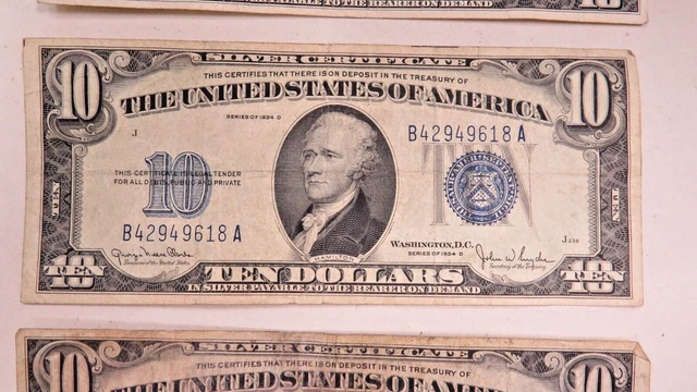 4 - $10 Silver Certificate BLUE SEAL 1934 Circulated Ten Dollars 3