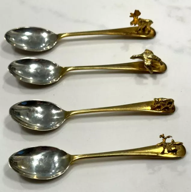 4 English Sterling Silver Goldwash Bear Goose Moose Cariboo Demitasse Spoons