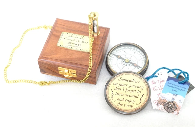 Nautical Brass Vintage Camping Travelling Directional Compass FREE Necklace Gift