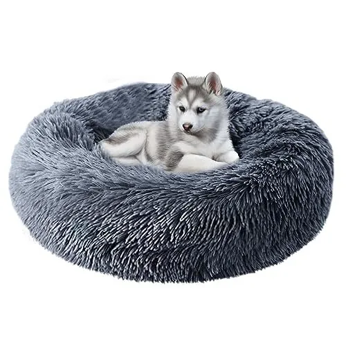 Faux Fur Dog Bed, Calming Donut Dog Bed, Washable Pet Bed, 20 Inch Fluffy Cal...