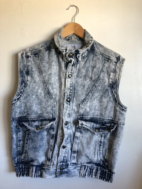 Vintage Acid Wash Denim Vest Jacket Snap Buttons M Japan Summer Punk Distressed