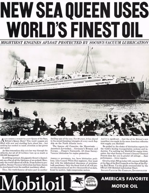 1930s BIG Original Vintage Mobil Oil Queen Mary Ship Photo Print Ad