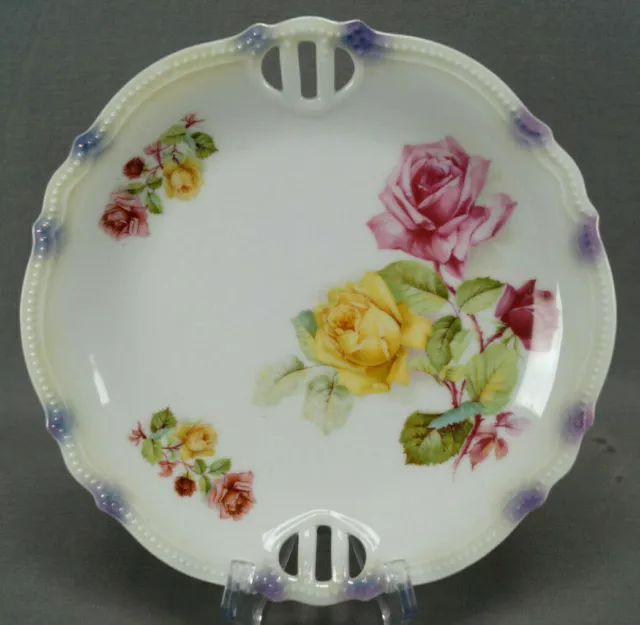 PK Silesia Koenigszelt Pink & Yellow Rose Handled Cake Plate Circa 1914 - 1922