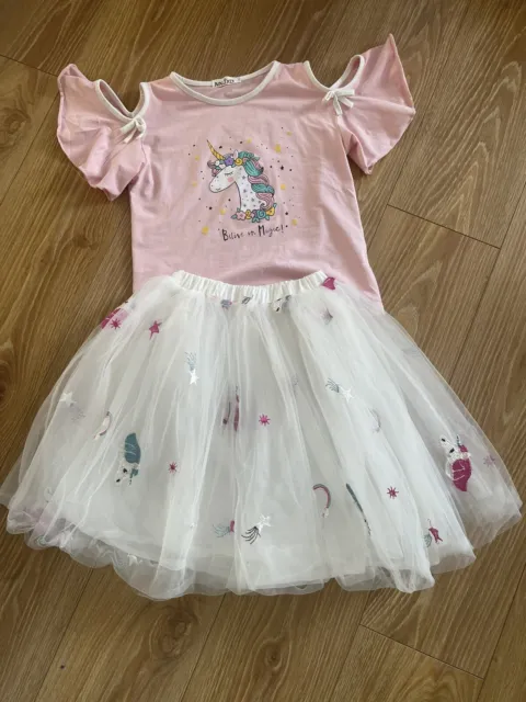 Girls Unicorn Ruffle Tops T-Shirt Lace Tutu Skirt Set Kids Party Dress Outfits