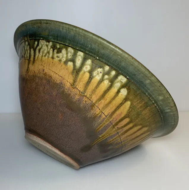 Studio Art Pottery 70s Green Orange Brown Drip Glaze Wheel Thrown Serving Bowl