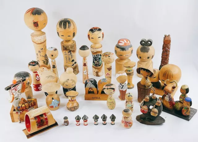 Vintage Kokeshi Japanese Wooden Doll Traditional Various Doll Lot of 33