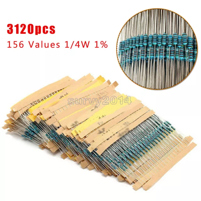 3120pcs 156 Values 1/4W 1% Metal Film Resistors Assortment Kit Set 1 ohm-10M ohm