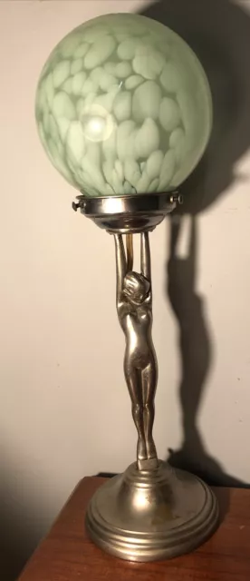 Original Antique/vintage Art Deco Diana Naked Lady Lamp With Green Ball Shade