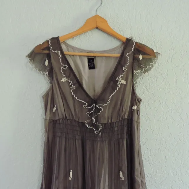 ANTHROPOLOGIE LITHE EMBROIDERED tulle Dress size 2 ruffle V-Neck flawed ...