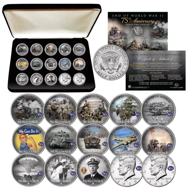 WORLD WAR II End of WWII 75th Anniversary JFK Kennedy 15-Coin COMPLETE SET w/Box