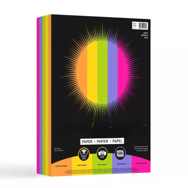 Colored Paper, 8.5" x 11", 24 lb./89 Gsm, Happy 5-Color Assortment, 500 Sheets