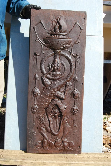 1895 Antique Cast Iron Architectural Salvage Dragon Torch Fireback Panel 75lbs!