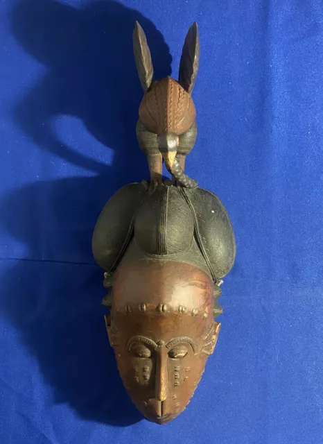 Vintage Authentic African Art Heavy Portrait Mask Baule Ivory Coast Carved Wood