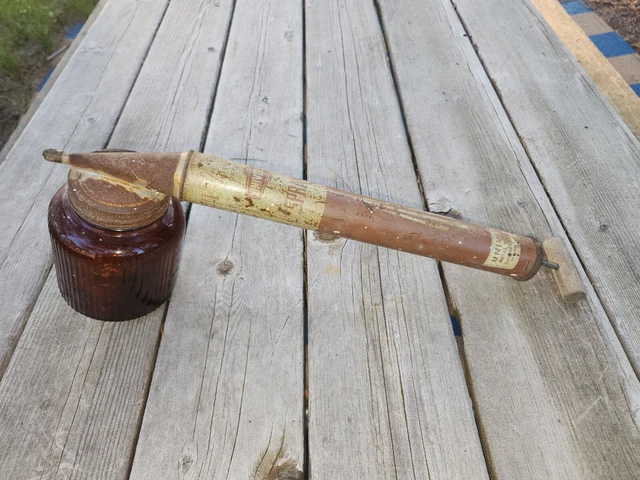 Vintage UniversalHand Pump Insect Bug Sprayer With Amber Glass Jar & Wood Handle