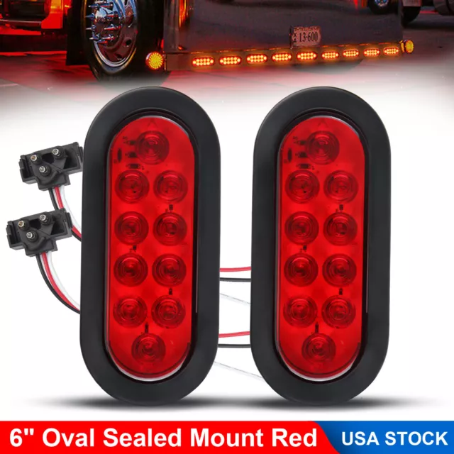 2 Red 6" Oval Trailer Lights 10 LED Stop Turn Tail Truck Sealed Grommet Plug DOT