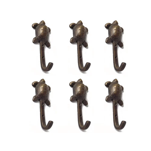 2.4in 6pcs Vintage Little Turtle Hook Antique Solid Brass Coat Hanger Wall Mount