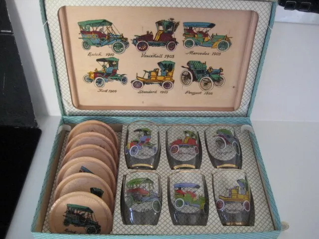 Vintage Car Buick Ford Tumblers Glass Coaster Tray Cocktail Retro Bar 13 Lot Set