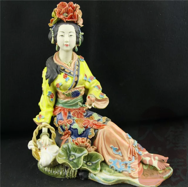 Chinese Wucai Porcelain Pottery Xishi Classical beauty Lady Women Belle Statue