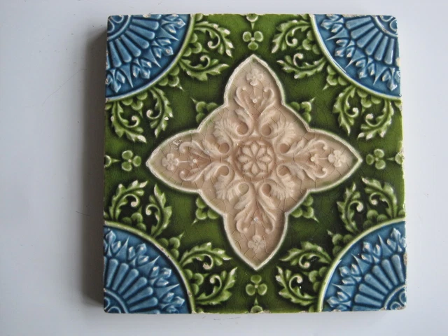 Antique Victorian 6" Relief Moulded & Majolica Glaze Tile - Mansfield Bros C1895
