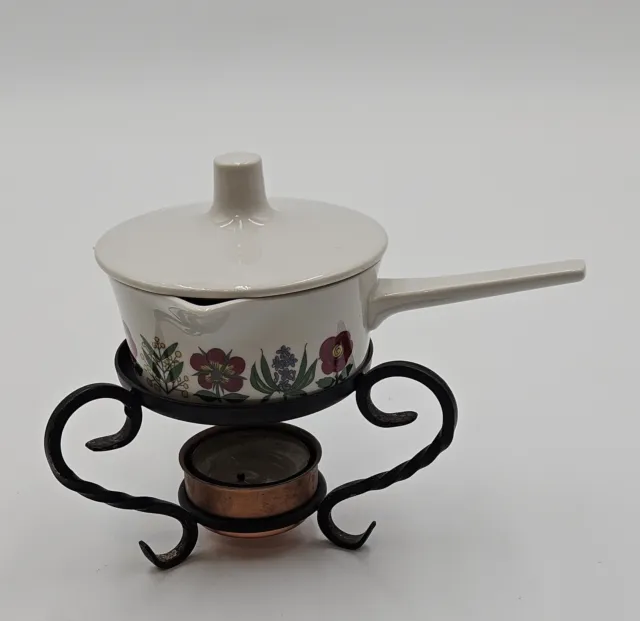 Vintage Villeroy & Boch Floral  fondue pot, Cast Iron Burner, Lid 5.5 Inch