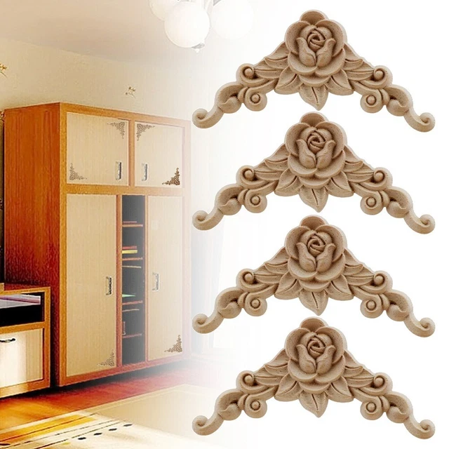 Repuesto de aplique onlay de esquina tallada de madera de 3,1*3,1 pulgadas para decoración de puertas