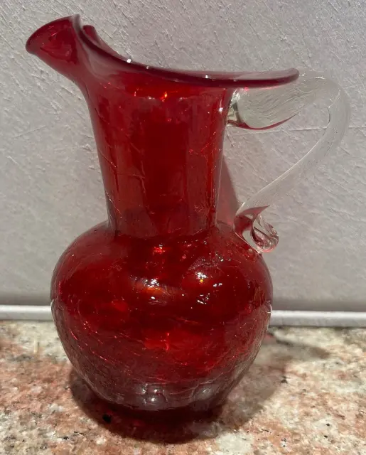 Vtg 70'S Pilgrim Crackle Red Art Glass Creamer Pitcher Jug Handle Mid Century