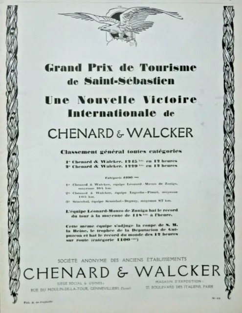 1926 Chenard & Walker Saint Sebastien Tourist Grand Advertising Press Advertising