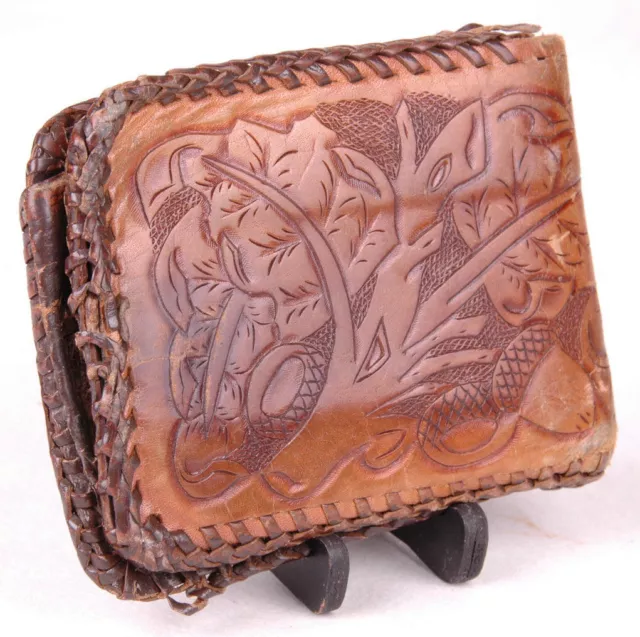 Vtg Hand Tooled Leather Wallet/Billfold-Tree Acorn-Brown-Bifold-Stitch