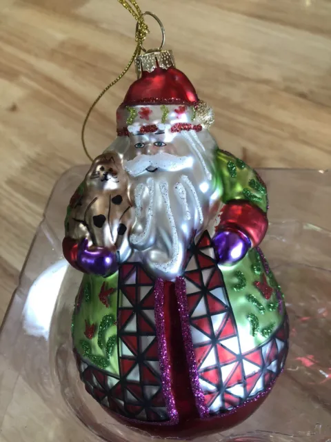 JIM SHORE Blown Glass Christmas Ornament "Dashaway" Santa & Cat  2012 New in Box
